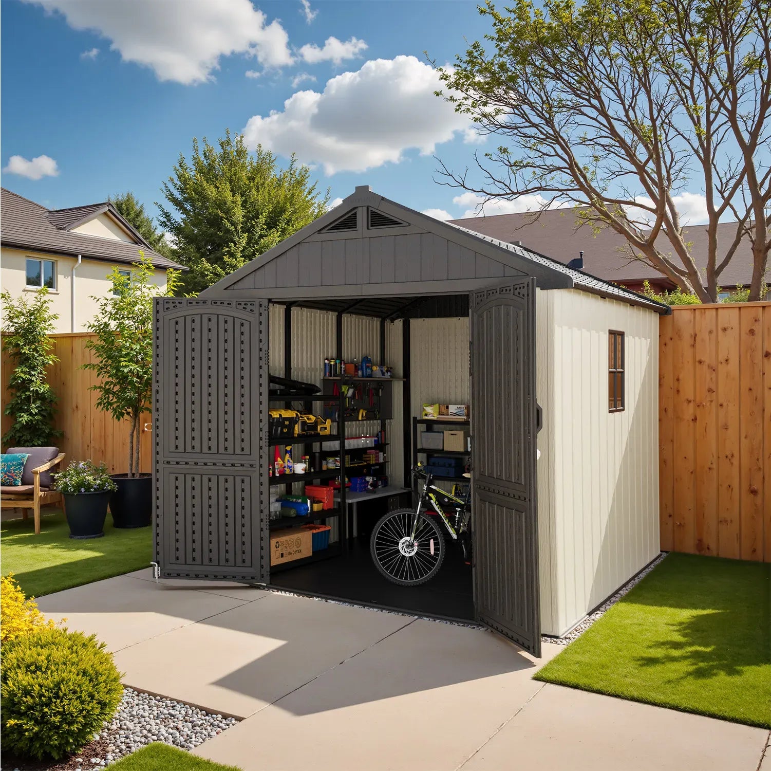 Kick-it 8x8 Plastic Storage Shed with Floor and Windows, Gray White