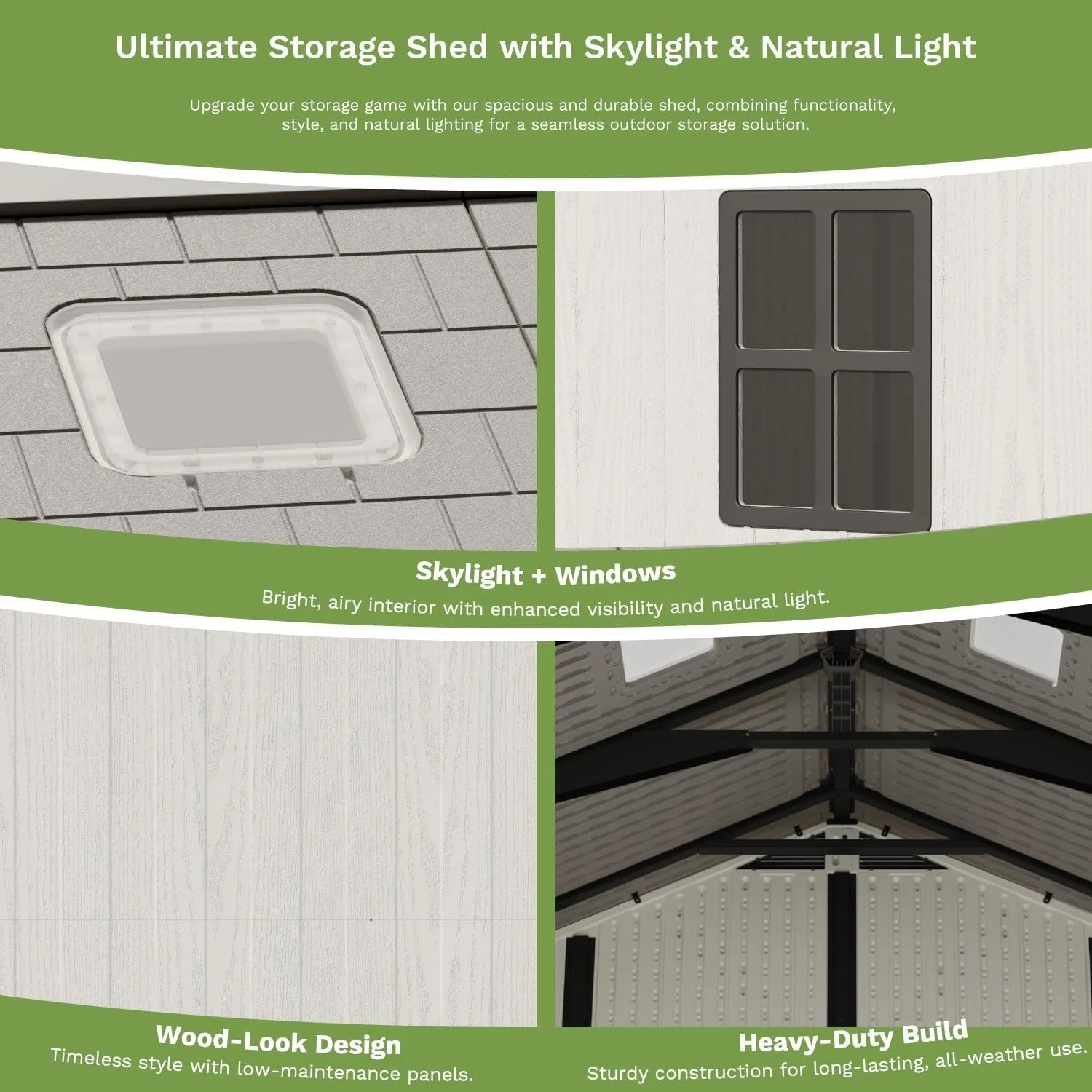 10x8 FT Kick-it Plastic Storage Shed with Skylight & Windows