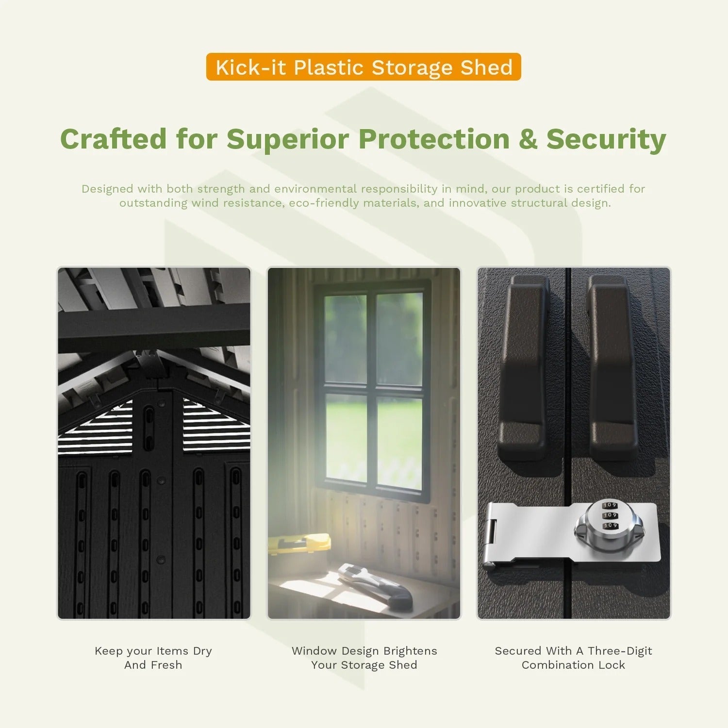 Kick-it 8x6 Plastic Storage Shed with Floor and Light, Brown