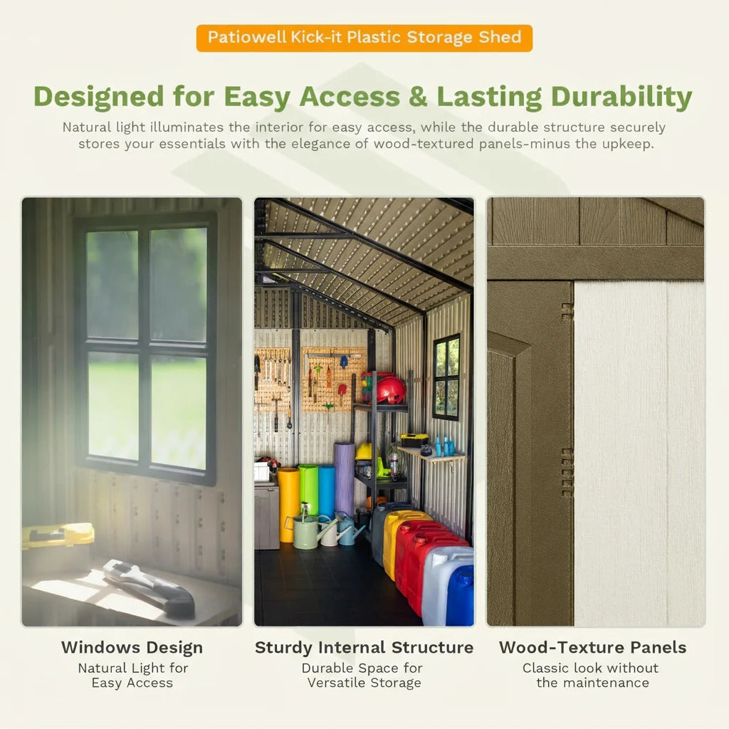 Kick-it 8x6 Plastic Storage Shed with Floor, Khaki & Beige