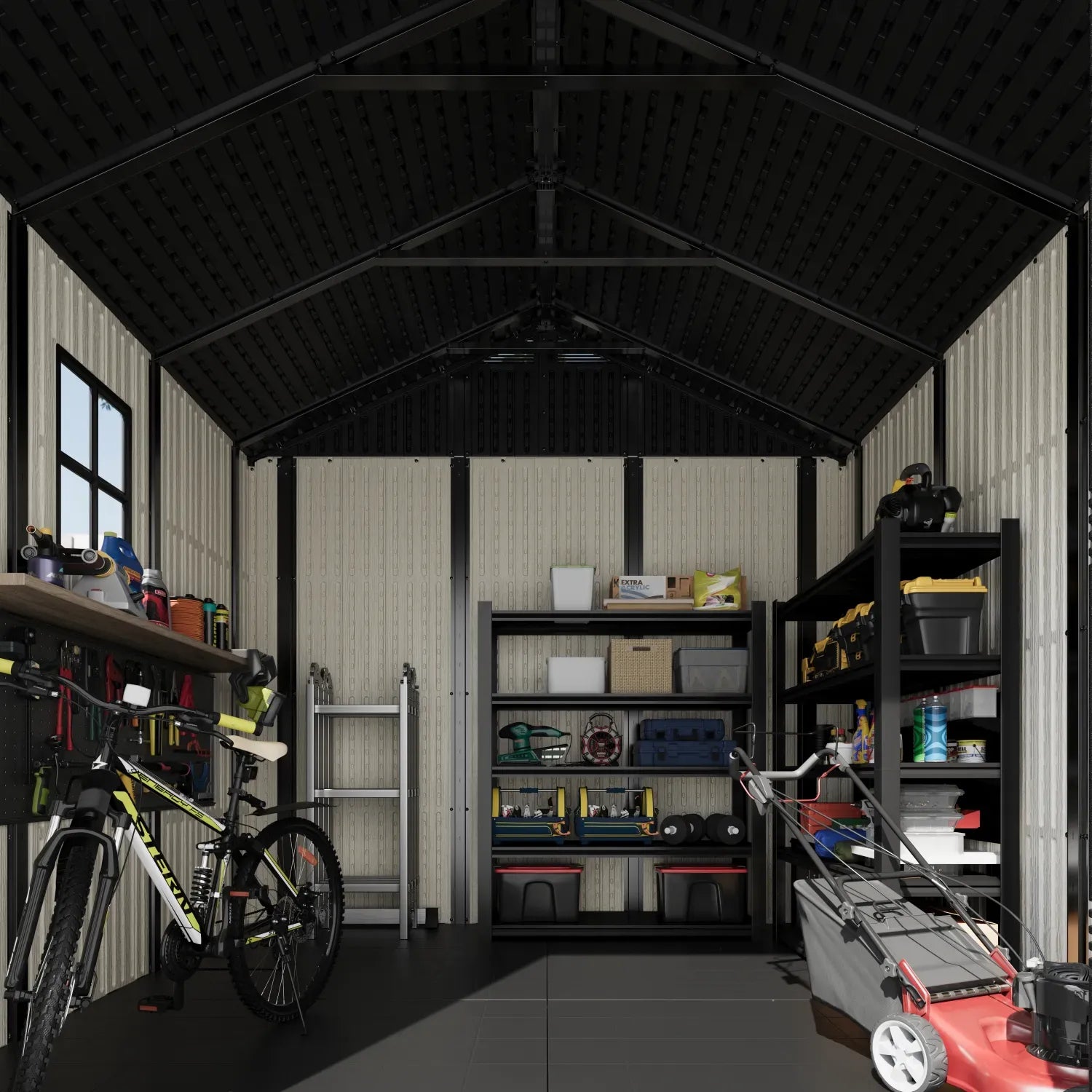 Kick-it 8x8 Plastic Storage Shed with Floor and Windows, Gray White