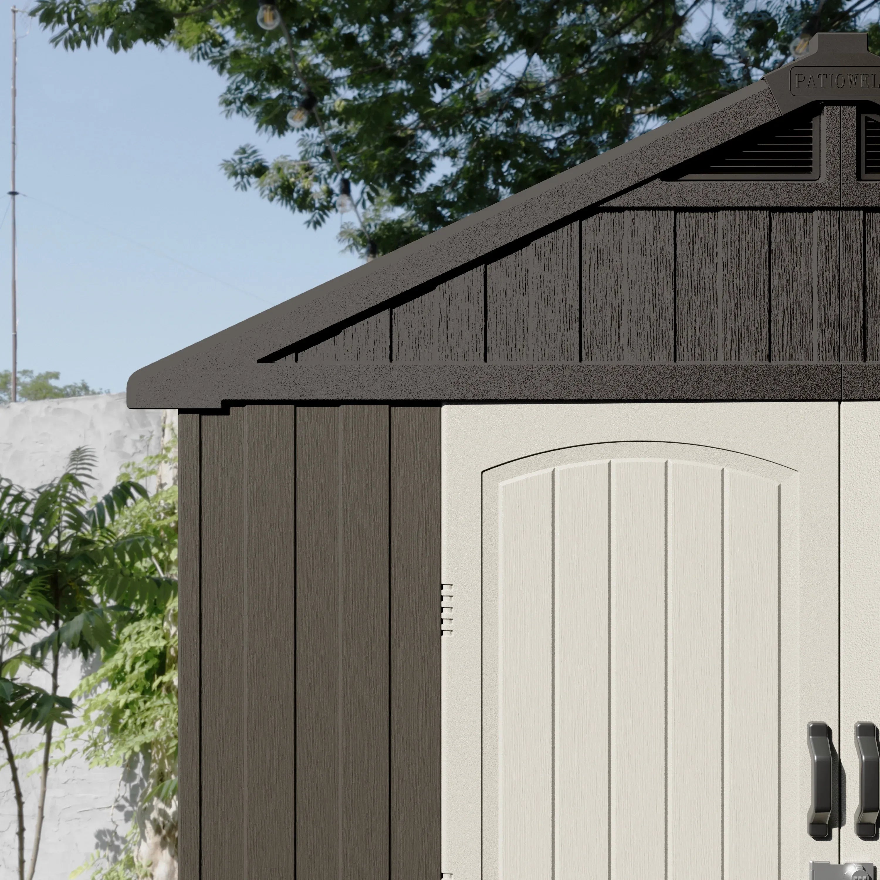 Kick-it 8x12 Plastic Storage Shed with Floor and Lights, Brown