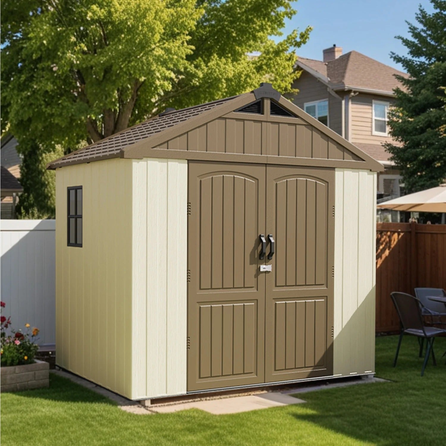 Kick-it 8x6 Plastic Storage Shed with Floor, Khaki & Beige