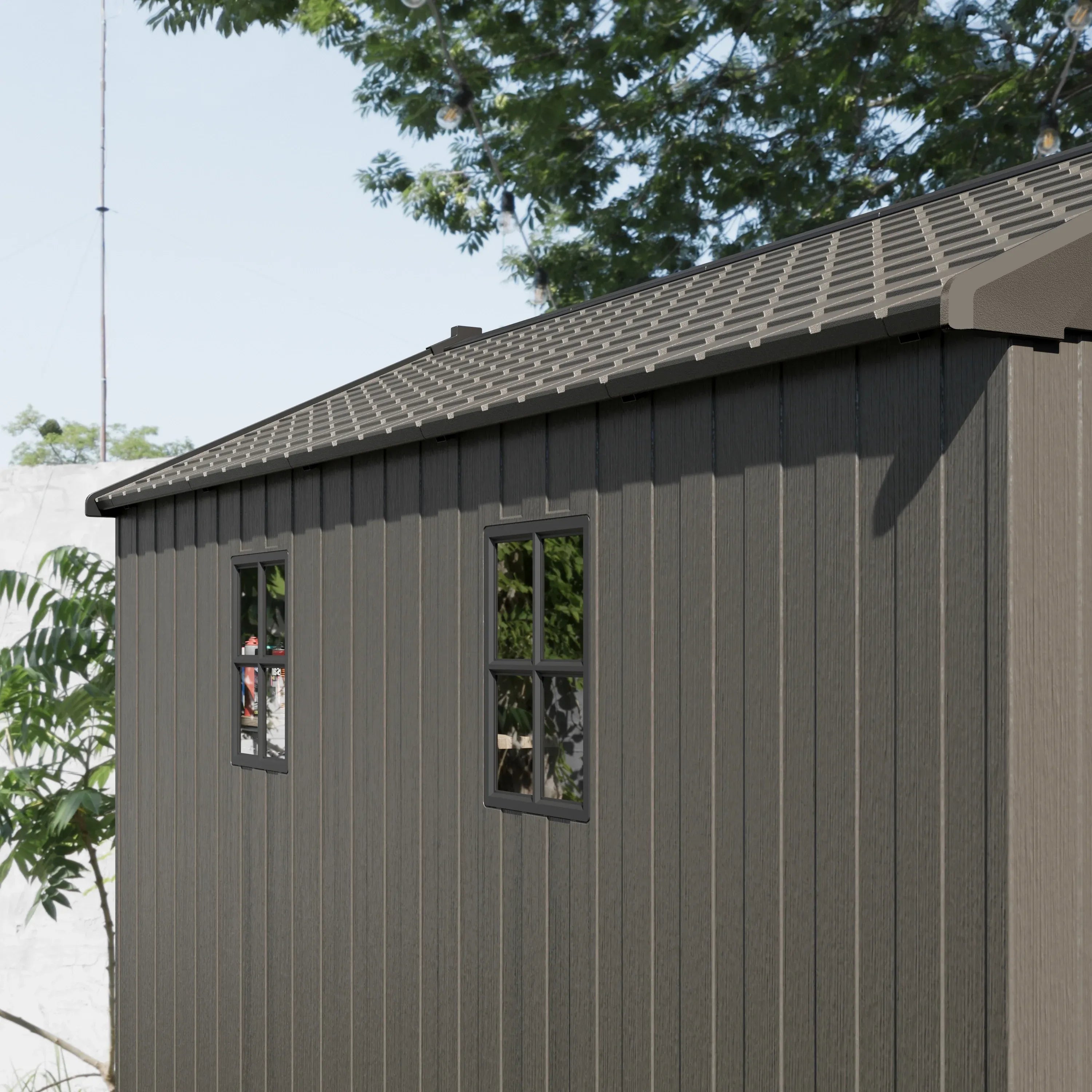 Kick-it 8x12 Plastic Storage Shed with Floor and Lights, Brown