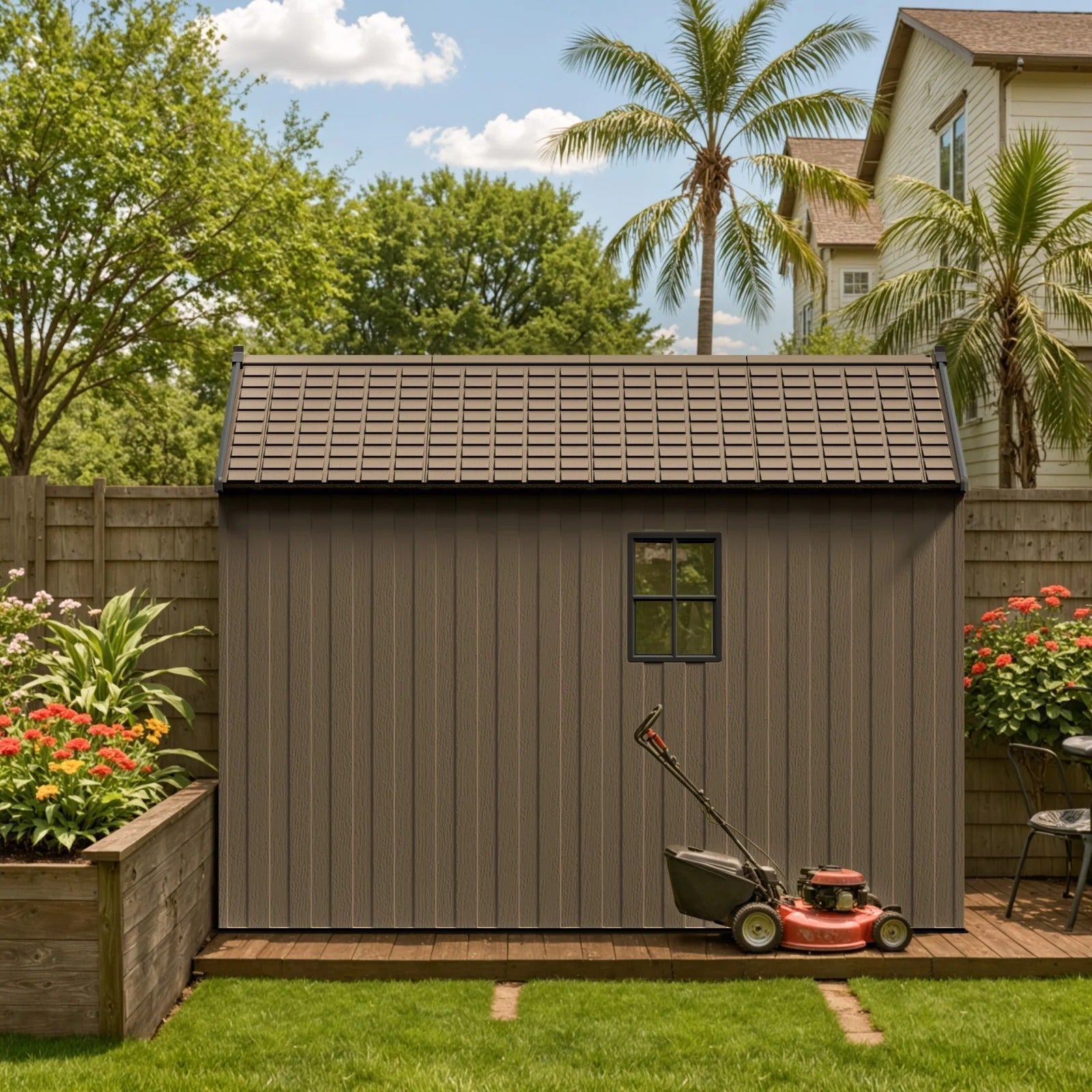 Kick-it 8x8 Plastic Storage Shed with Floor and Lights, Brown