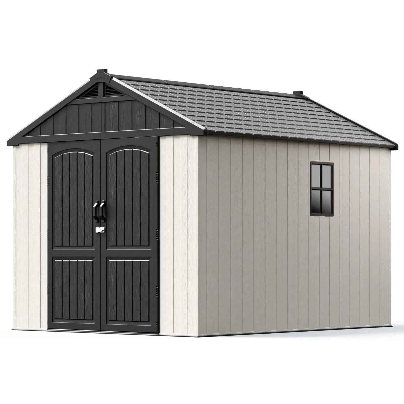 Kick-it 8x10 Plastic Storage Shed with Floor and Windows, Gray White