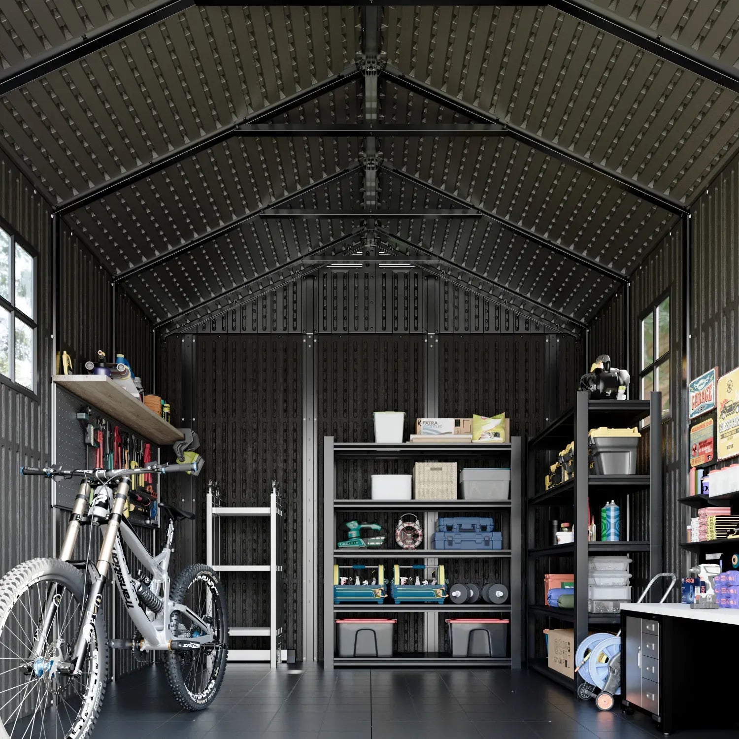 Kick-it 8x10 Plastic Storage Shed with Floor and Windows, Gray White