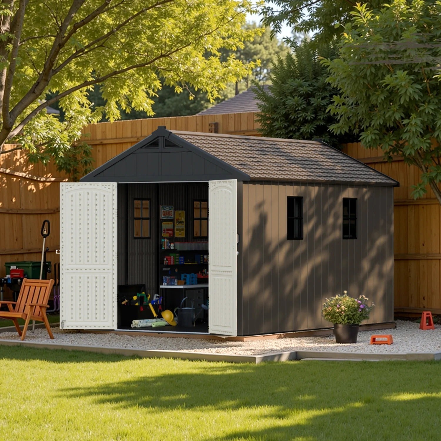 Kick-it 8x12 Plastic Storage Shed with Floor and Lights, Brown