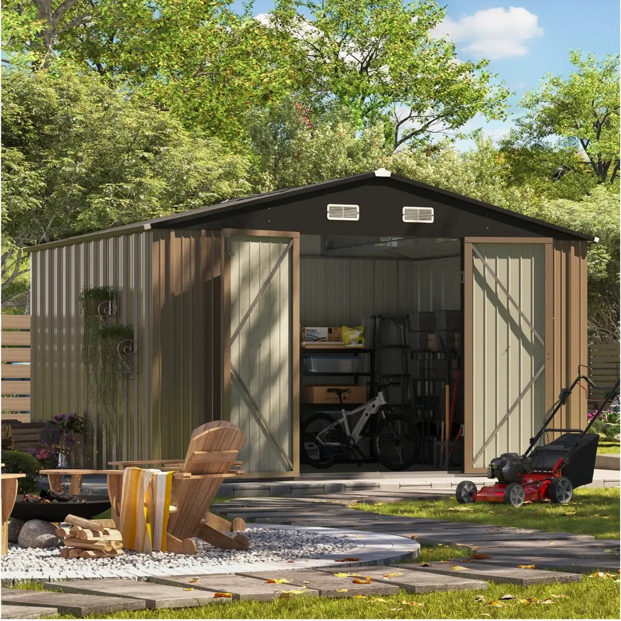 Patiowell 10x8 Metal Shed with Weather Resistance, Brown