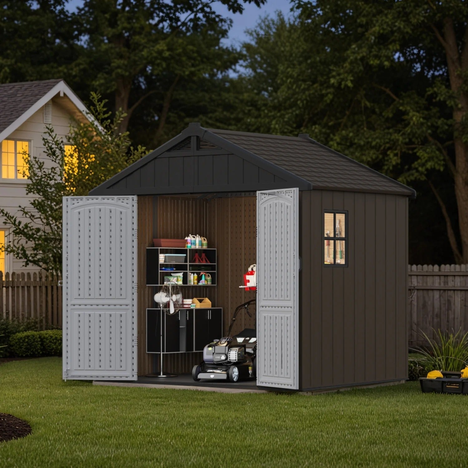 Kick-it 8x6 Plastic Storage Shed with Floor and Light, Brown