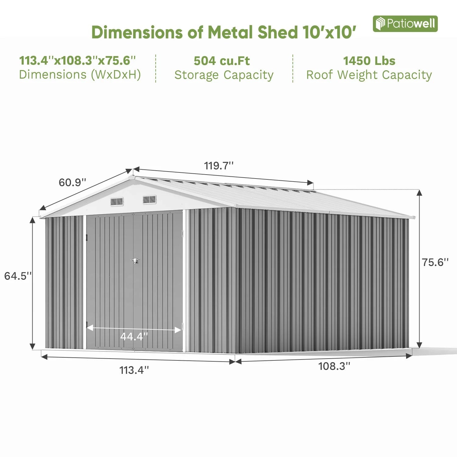 Patiowell 10x10 Metal Storage Shed with Weather-Resistance, Gray