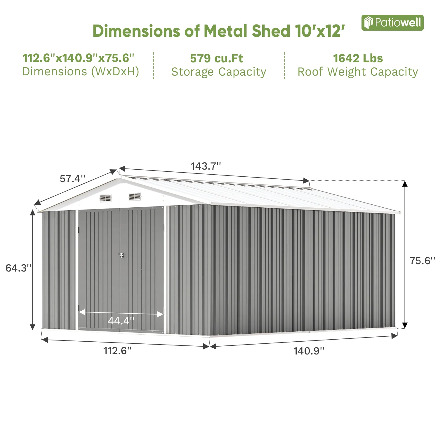 Patiowell 10x12 Metal Shed, Gray