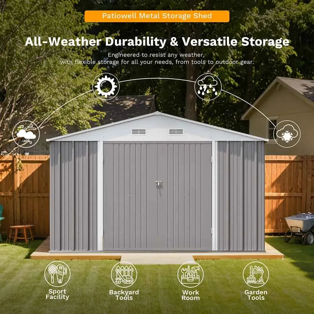Patiowell 10x10 Metal Storage Shed with Weather-Resistance, Gray