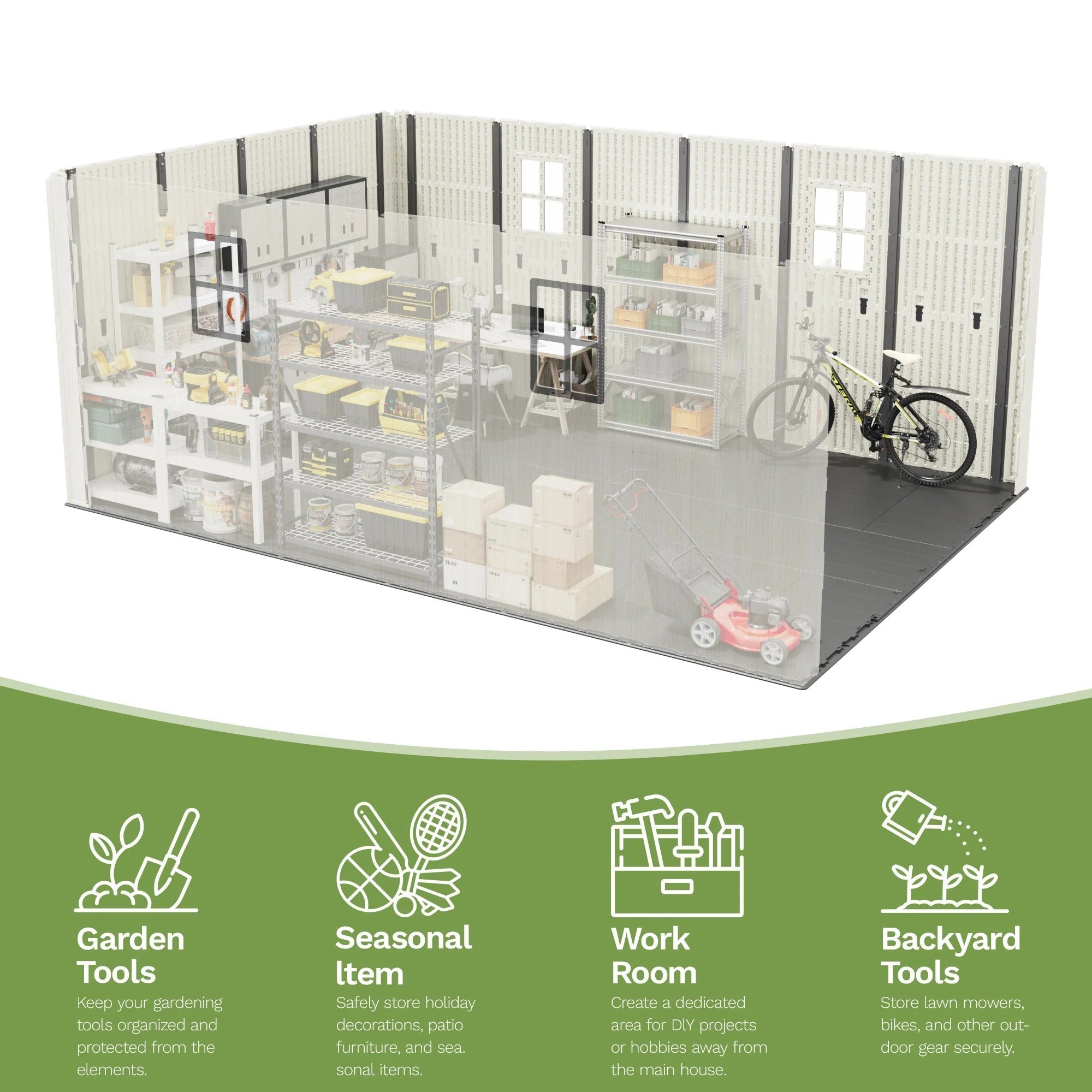 10x14 ft Kick-it Plastic Storage Shed with Skylight & Windows