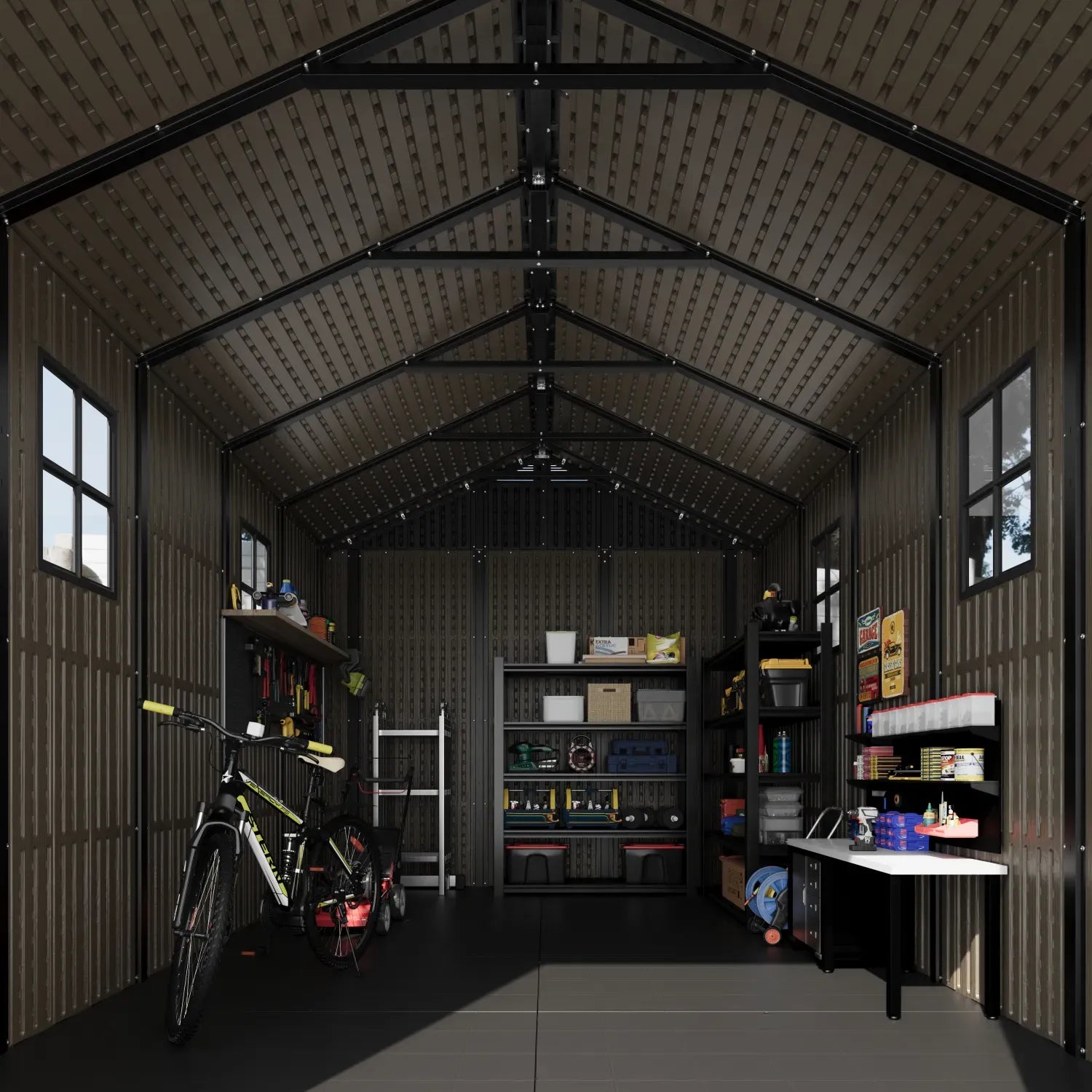 Kick-it 8x12 Plastic Storage Shed with Floor and Lights, Brown