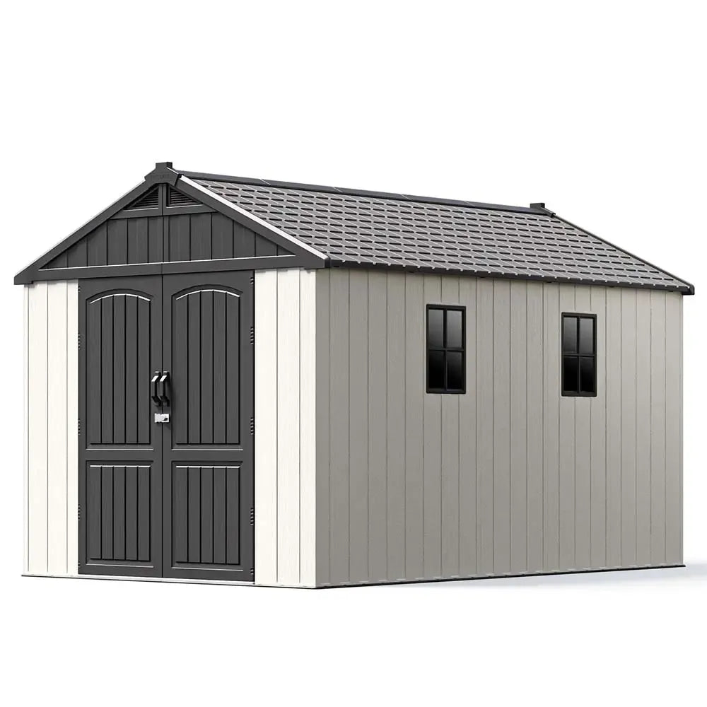 Kick-it 8x12 Plastic Storage Shed with Floor, Gray White