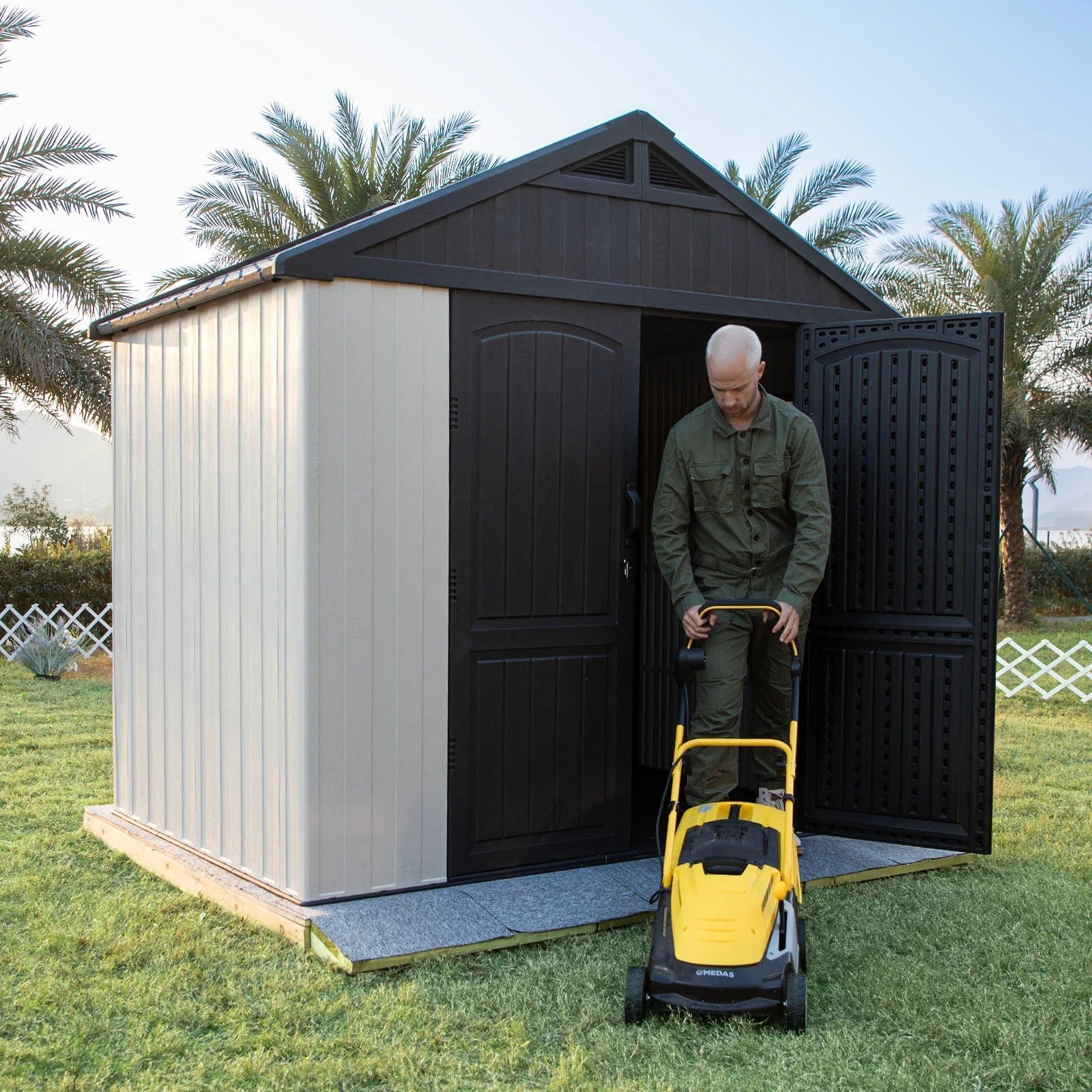 Kick-it 8x6 Plastic Storage Shed with Floor, Gray White
