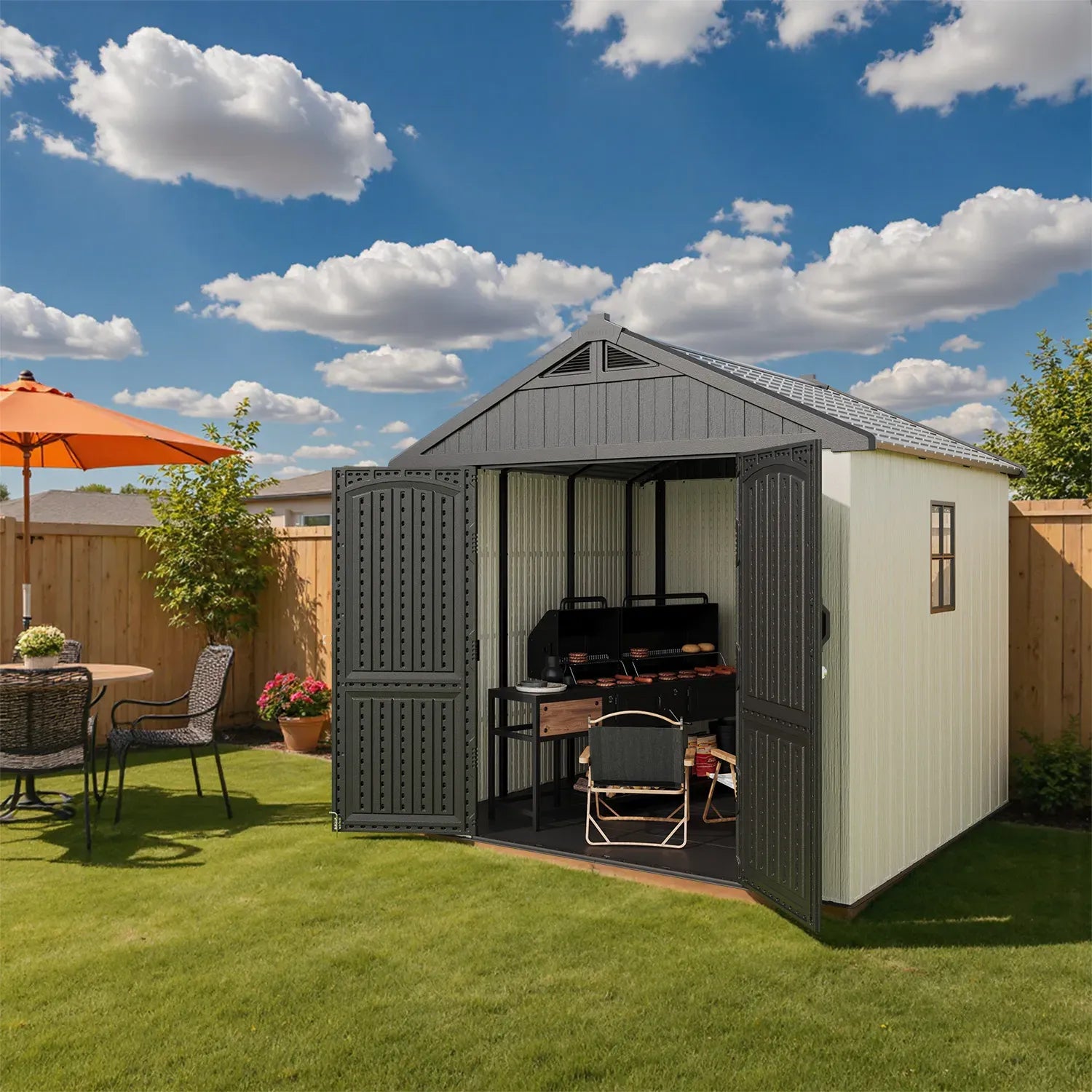Kick-it 8x8 Plastic Storage Shed with Floor and Windows, Gray White
