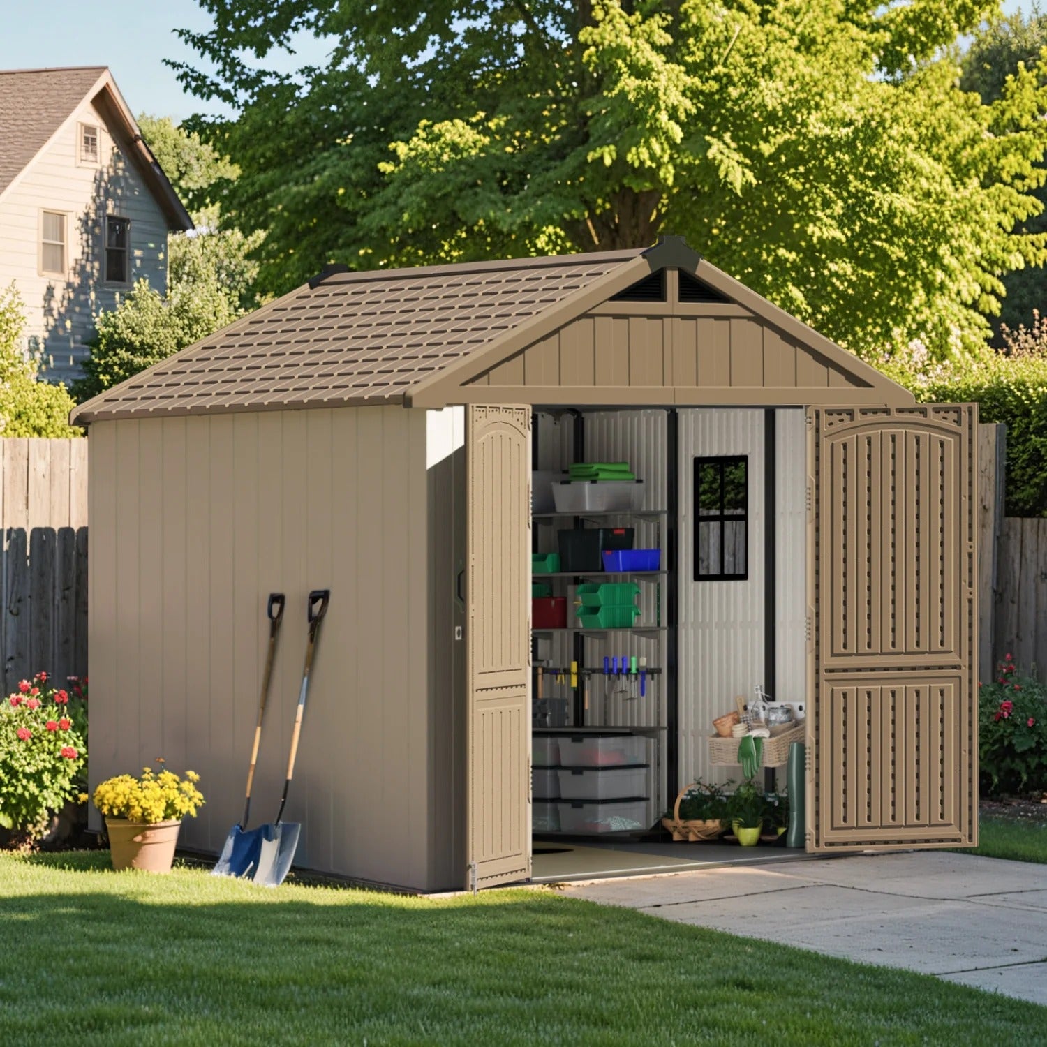 Kick-it 8x8 Plastic Storage Shed with Floor, Khaki & Beige